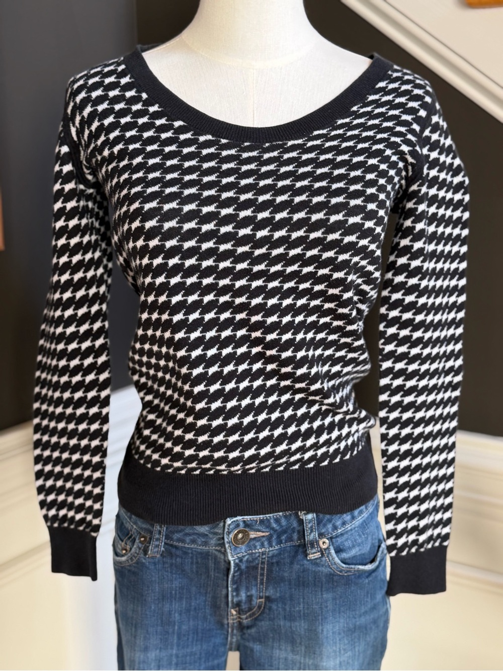 Banana‎ Republic Chic Houndstooth Lightweight Sweater Black/White XS